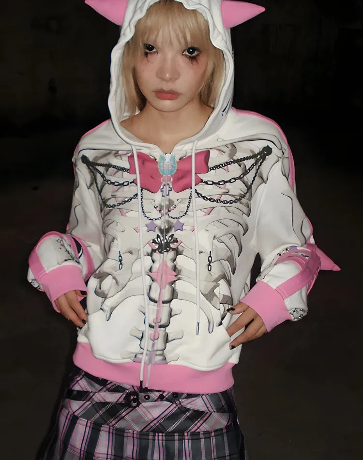 Y2K Grunge Skeleton Zip-Up Hoodie