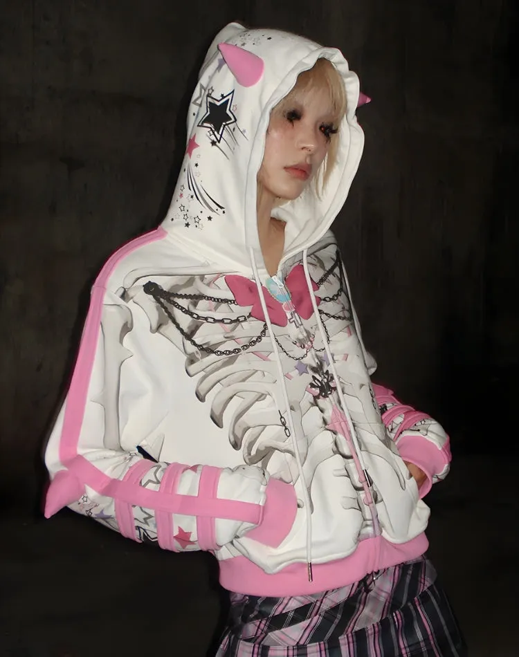 Y2K Grunge Skeleton Zip-Up Hoodie