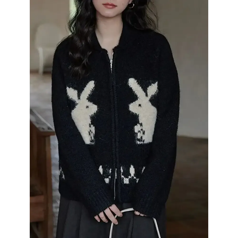 Y2K Rabbit Knitted Zip Cardigan for Playful Fashion