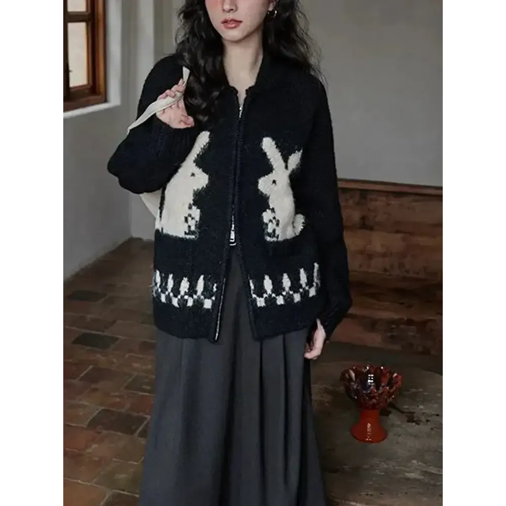 Y2K Rabbit Knitted Zip Cardigan for Playful Fashion