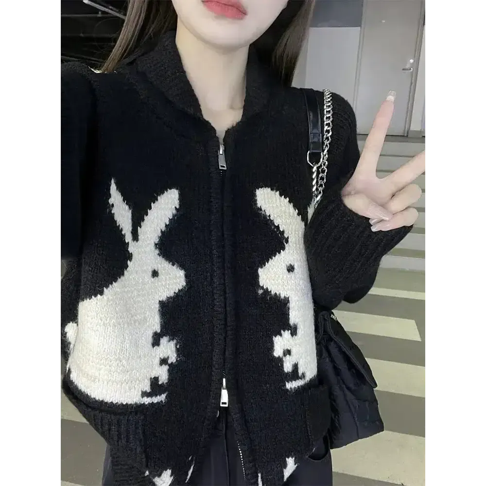 Y2K Rabbit Knitted Zip Cardigan for Playful Fashion