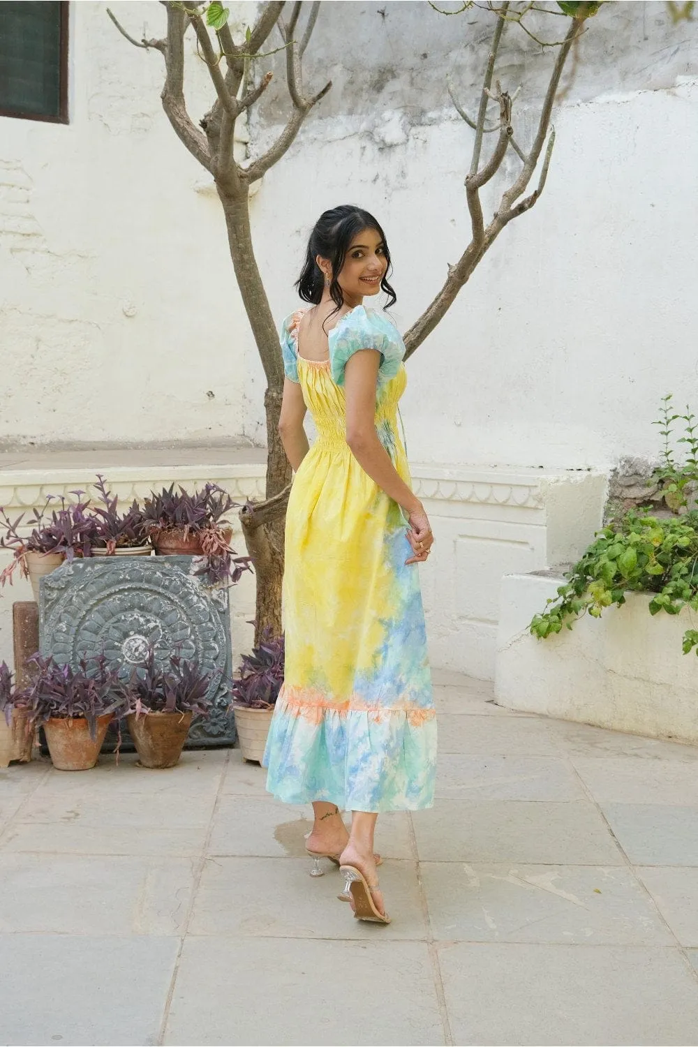 Yellow Hand Tied Dyed Midi Dress