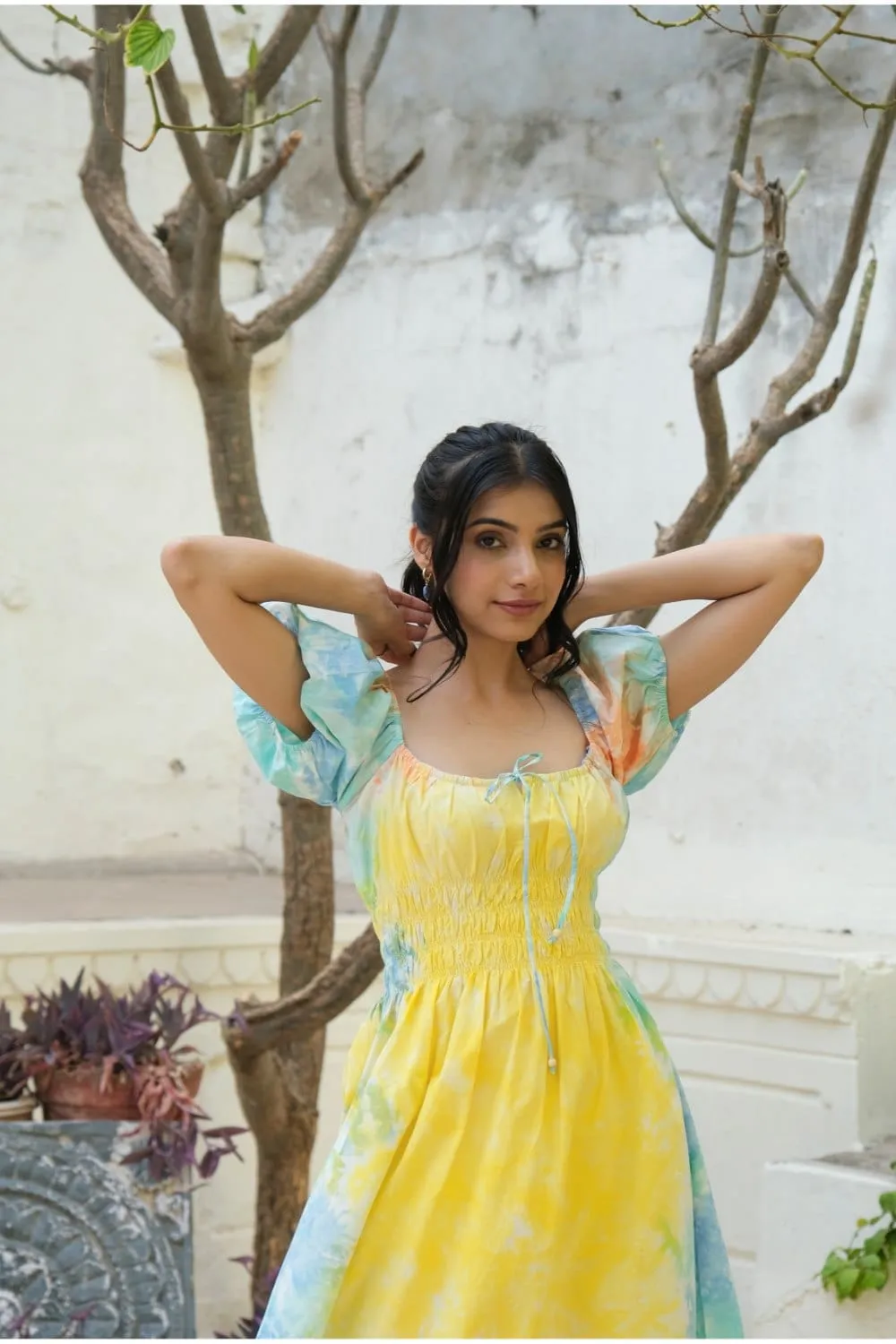 Yellow Hand Tied Dyed Midi Dress
