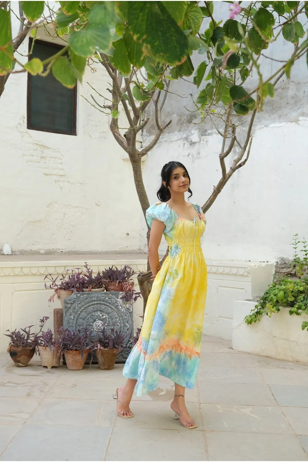 Yellow Hand Tied Dyed Midi Dress